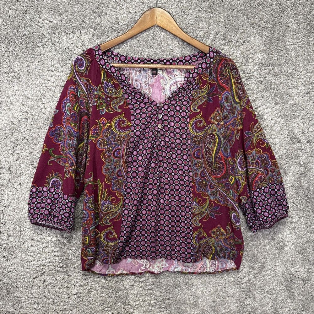 Olive Hill Women’s Peasant Blouse Top 3/4 Sleeve Paisley Floral Purple Lg Boho